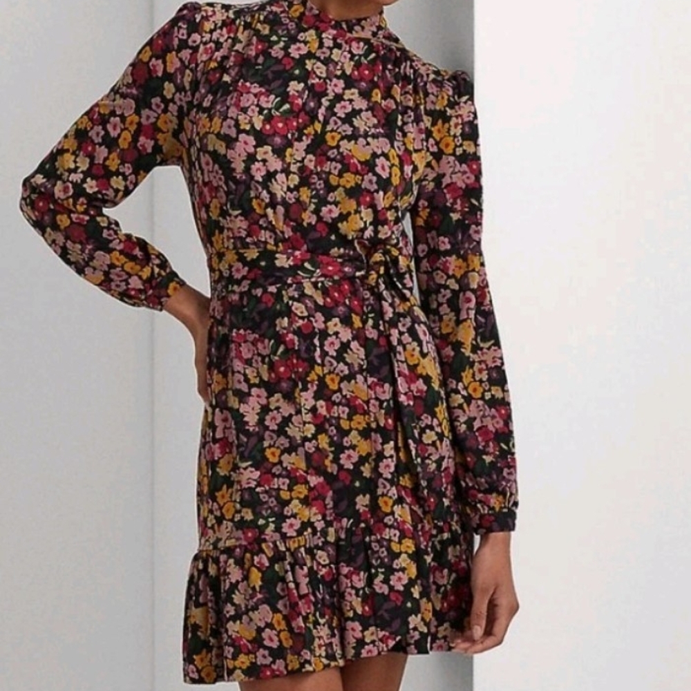 NWT Ralph Lauren Women's Floral Ruffle Dress Long Sleeve Tie Neck Size 4